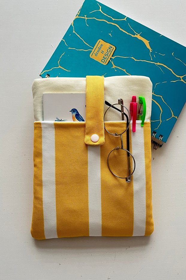 Linen Book Cover with Pockets, Gift for Book Lovers, Yellow Striped