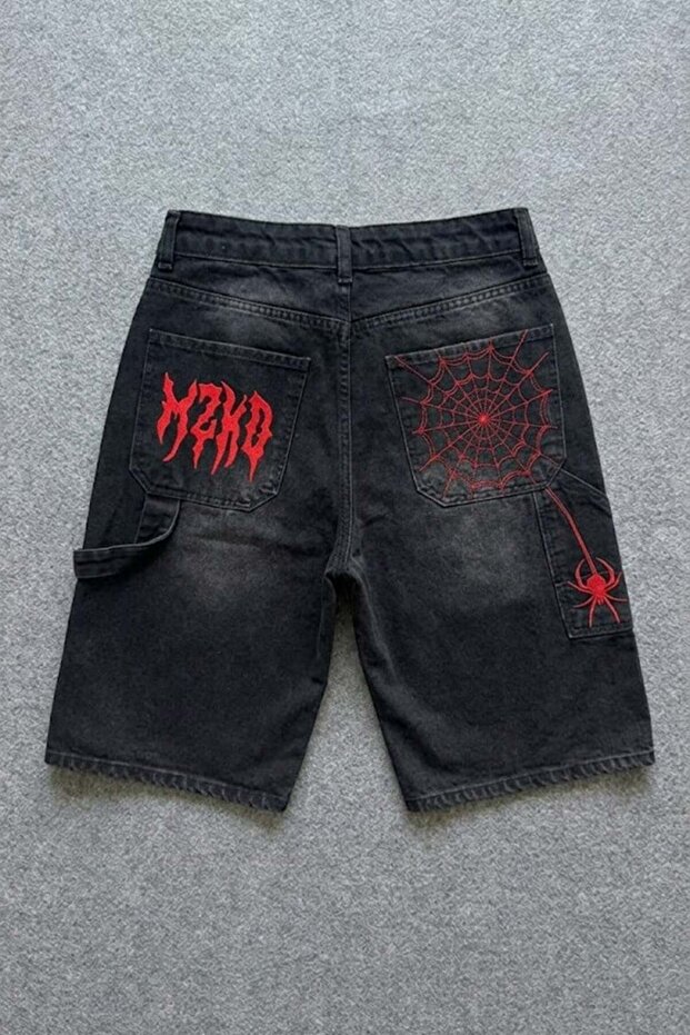 شورت أسود مصقول باللون الأحمر MZKD Spider Y2K Baggy للجنسين