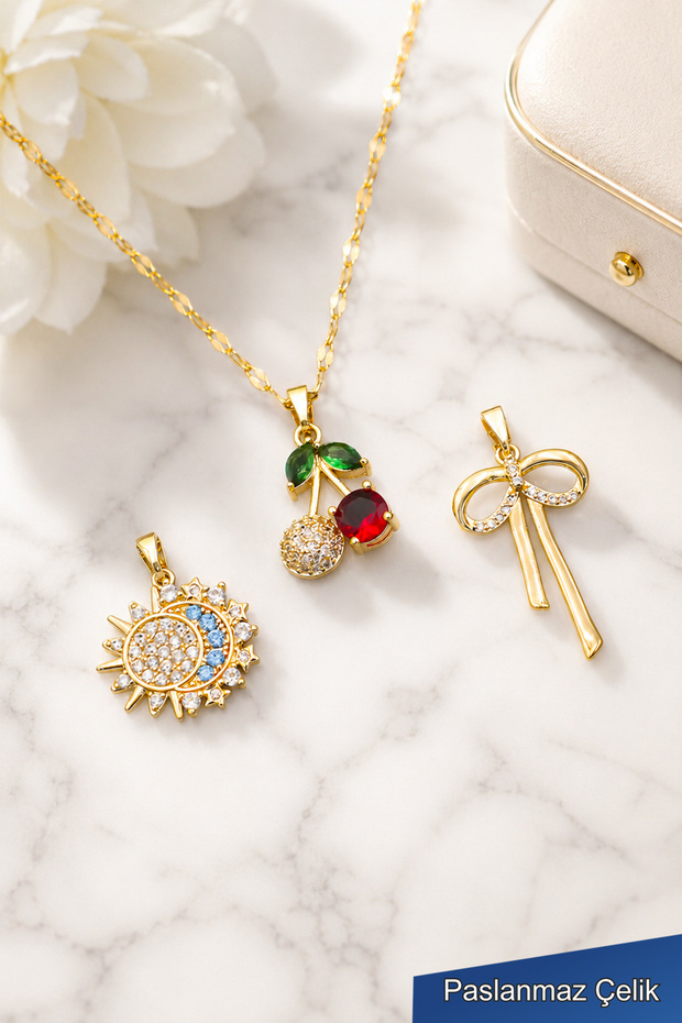 Gold Color Steel Pendant Set Sun Bow Cherry Figured Stone Women's Necklace