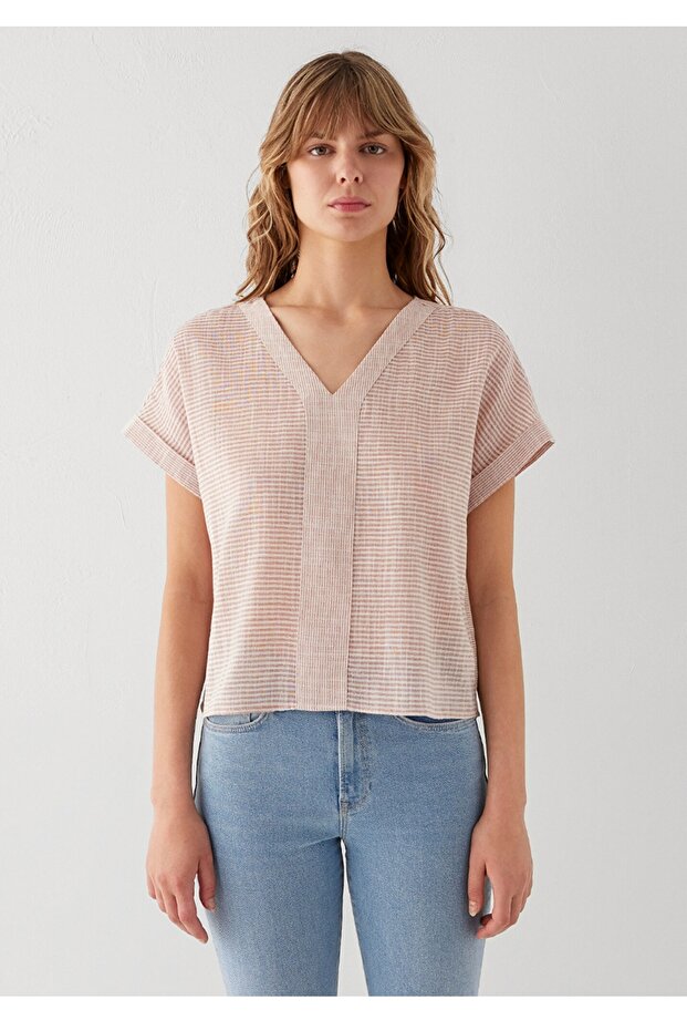 V-Neck Striped Regular Fit Women's Blouse.