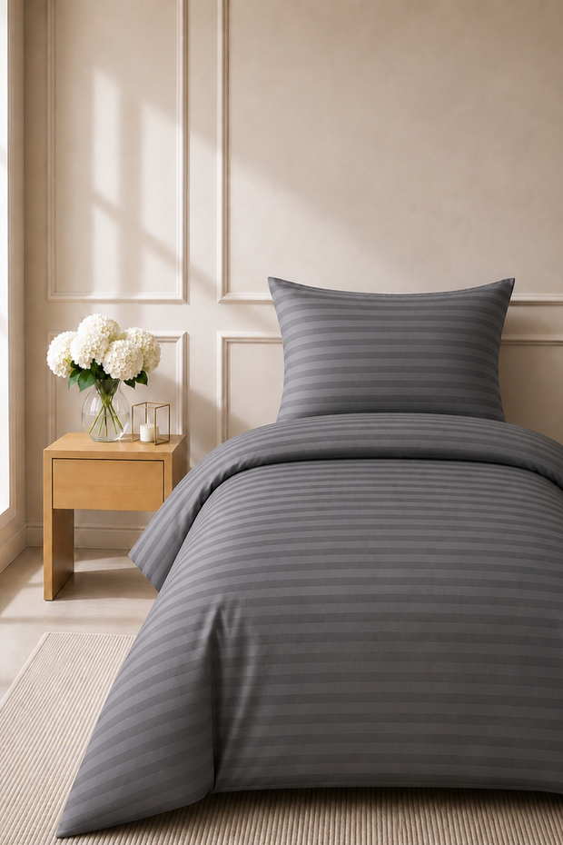 Elif Satin Striped Single Buttoned Duvet Cover Set, Quilt Cover, 100% Cotton, 83Tel