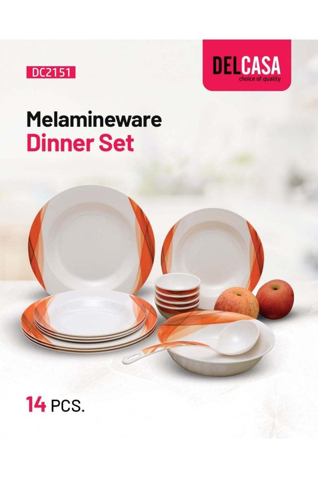 DC2151 Ocean Melamine Ware Dinner Set 14-Pieces, White/Orange