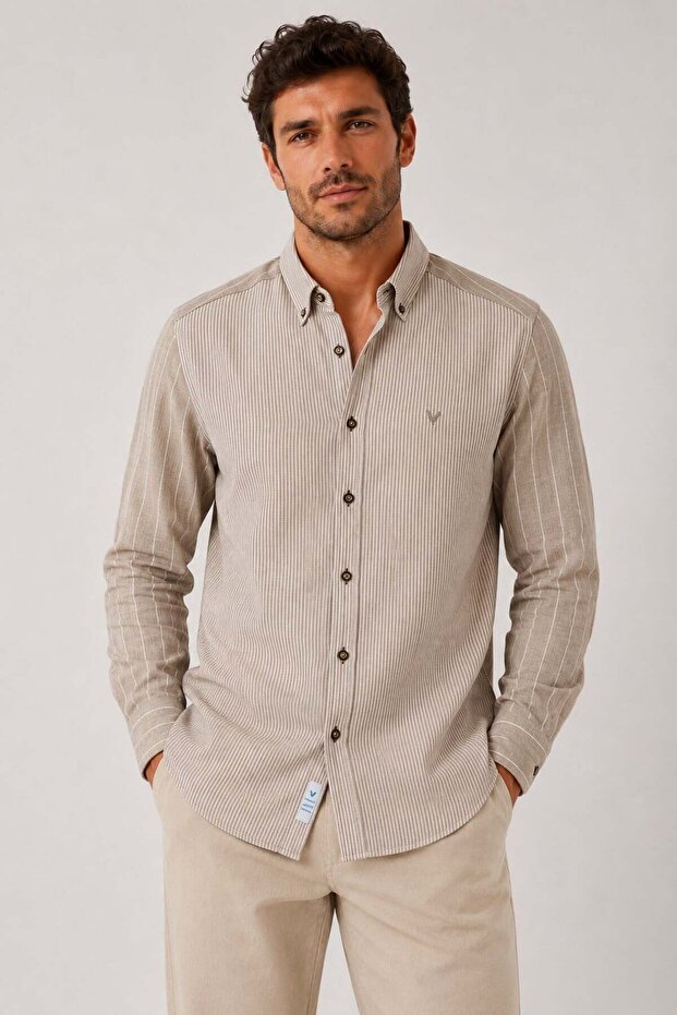 Slim Fit Long Sleeve Double Pattern Lapel Buttoned Linen Lycra Pocketless Gift Boxed Men's Shirt Fs-004578