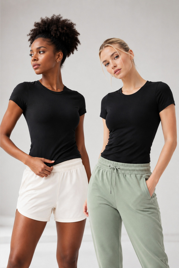 Women's Crew Neck Short Sleeve 2-Pack Basic T-Shirt - Cotton & Modal Stretch Fabric