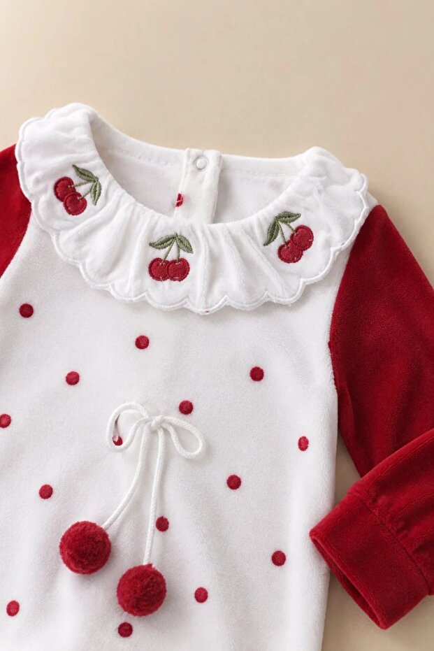 Baby Cherry Embroidered Booties Romper with Ruffle Collar and Pompom Detail