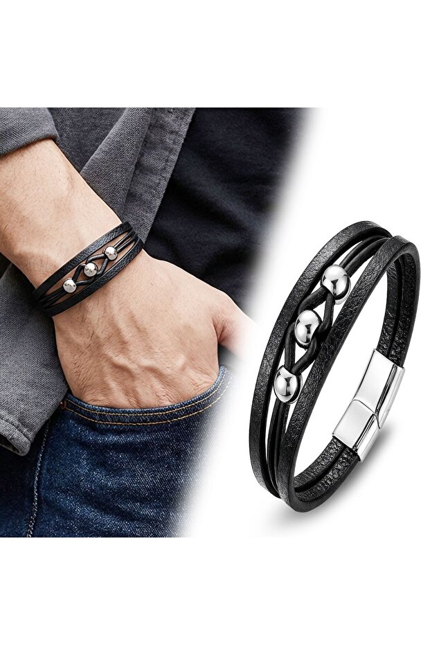 Steel Ball and Black Leather Bracelet 31684B8D1