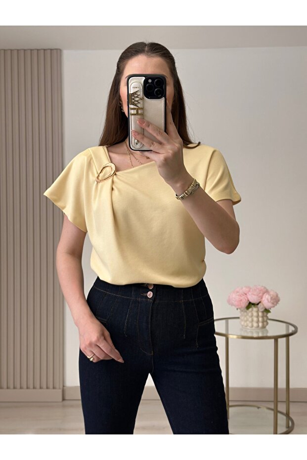 Draped Modal Fabric Blouse with Gold Brooch Detail