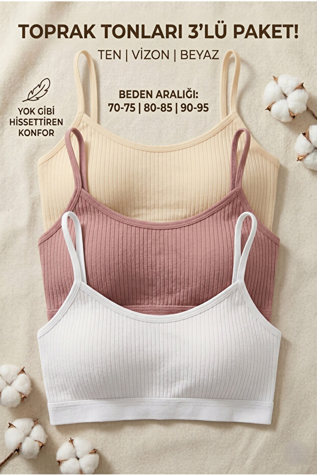 3-Piece Bralette Bustier Crop Tank Top with Removable Pads and Ribbed Rope Straps
