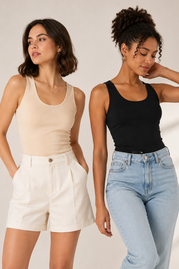 Women's Thick Strap 95% Natural Bamboo Flexible 2-Piece Basic Undershirt - Soft & Sweat-Absorbing Texture