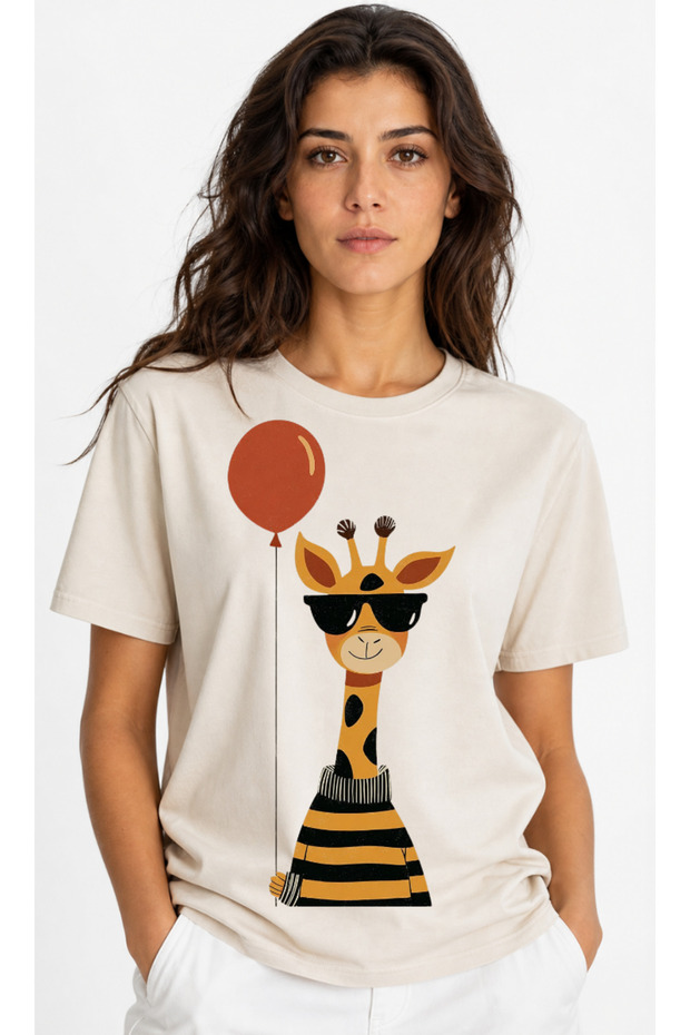Hipster Giraffe Printed Ecru Unisex T-Shirt