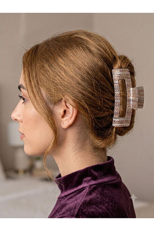 Women's Bone Patterned Oversized Hair Clip Clasp Barrette Transparent Glitter Hair Accessory Jewelry Gem 8 cm