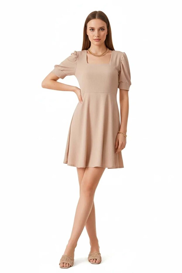Women's Square Neck Short Sleeve Embossed Patterned Biscuit Dress