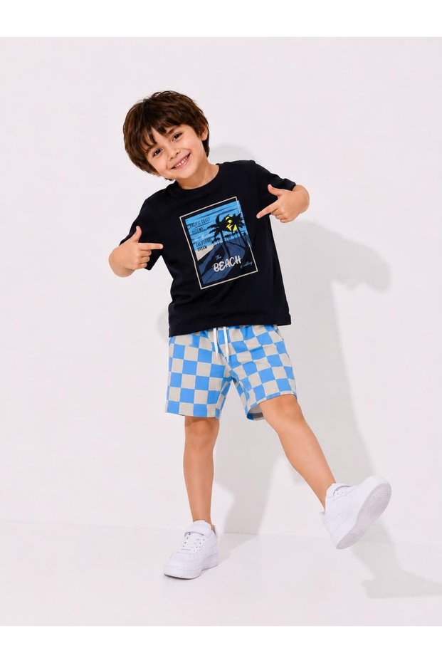 Boys' Summer Retro Palm Tree Detail T-Shirt Shorts Set 3-10 Years