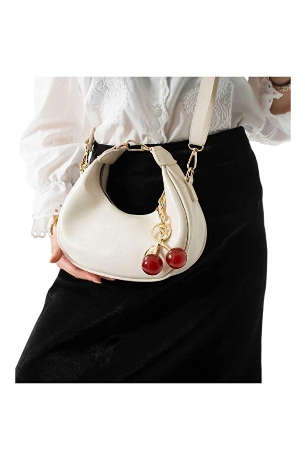 Women's Crescent Hobo Shoulder and Crossbody Bag with Cherry Accessories (Medium Size)