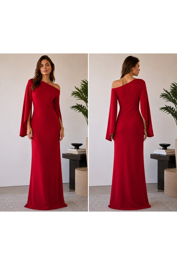 Off-Shoulder Loose Sleeve Detailed Evening Dress