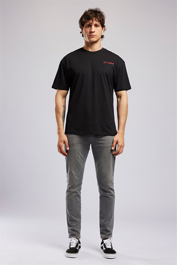 Gian men's loose 100% cotton printed crew neck t-shirt black