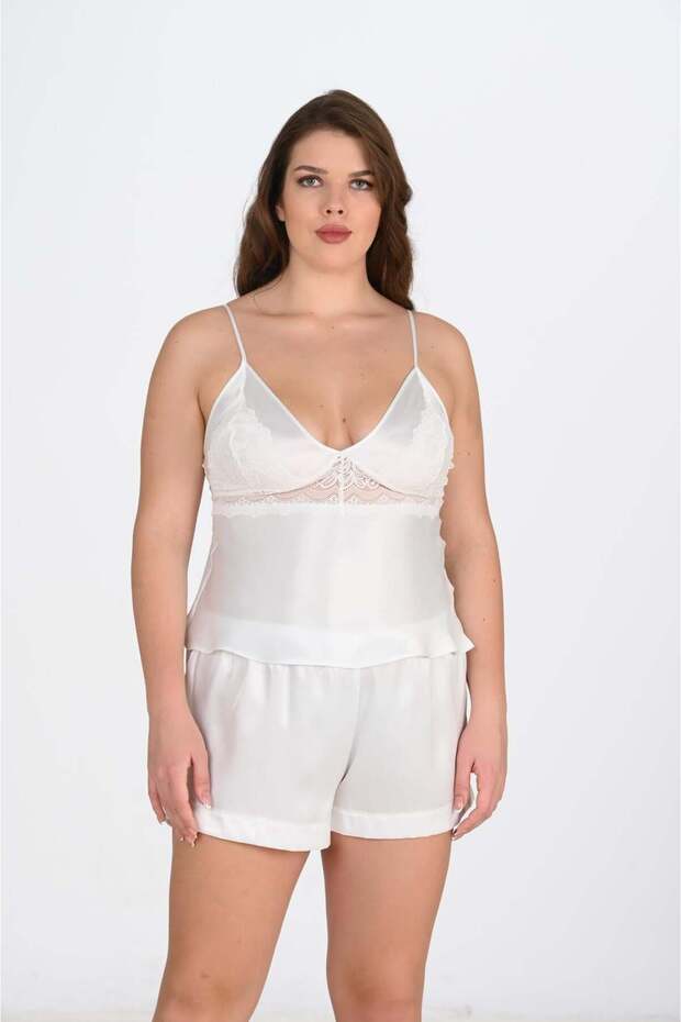 Women's Plus Size Satin Ecru Short Shorts Pajama Set
