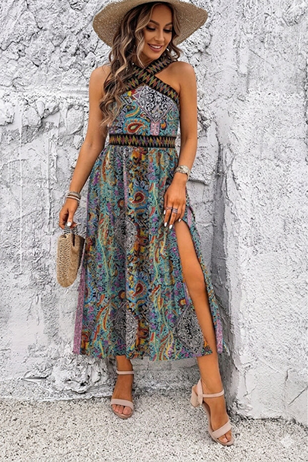 New Season Women's Off-The-Shoulder Front Collar Crossed Elastic Ethnic Patterned Slit Long Single Jersey Dress