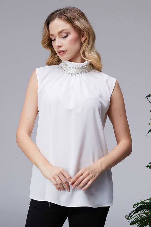 Women's Hakim Collar Stone and Pearl Detailed Sleeveless Blouse Sıfırkol Premium Quality
