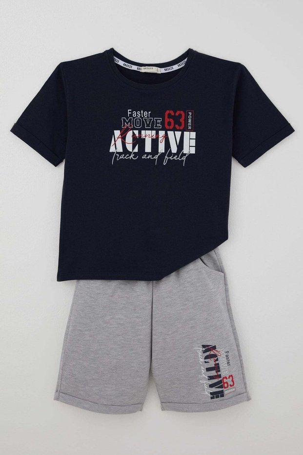 Boy's Shorts Set with Colorful Text Printed Shorts and Pockets, Ages 6-12, Navy Blue