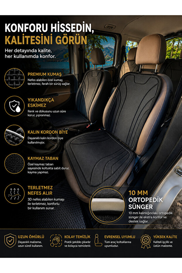 Car Seat Cushion Universal 7-Piece Seat Protector Anti-Sweat Fabric Non-Slip Base Airbag Isofix Compatible