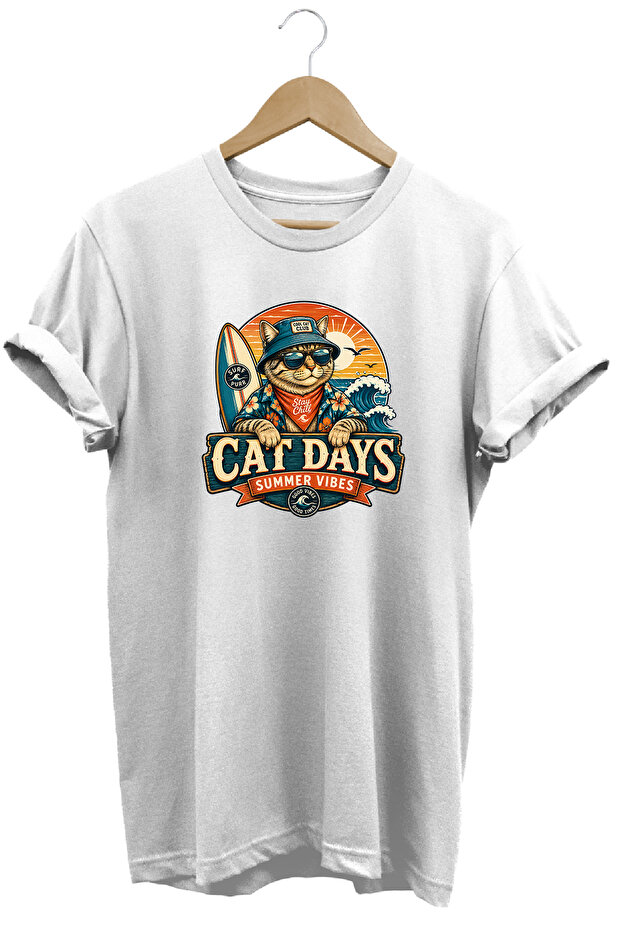 Cat Days Summer Vibes Unisex Cat Printed Summer Themed Regular Crew Neck Cotton T-Shirt