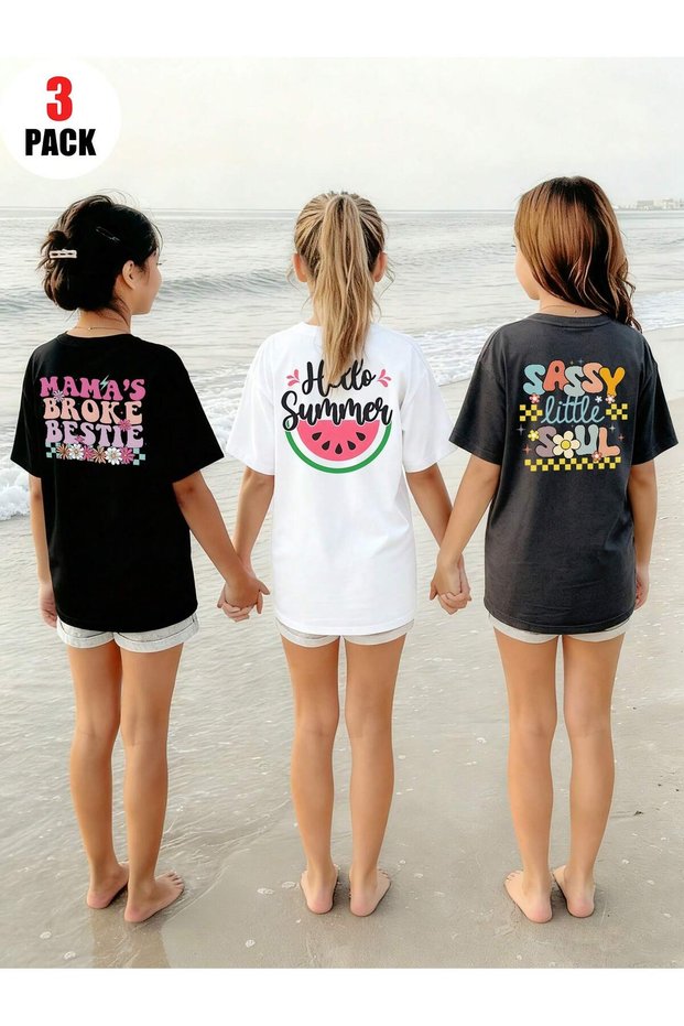 Printed Black - White - Anthracite 3-Piece Children's T-Shirt 100% Cotton Short Sleeve Knitted Crew Neck