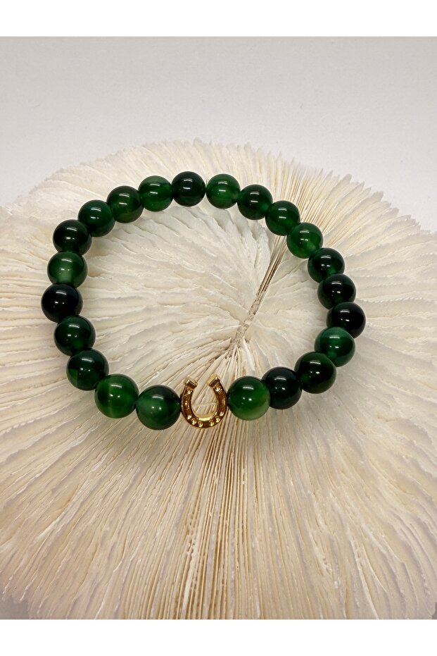 Green Agate Natural Stone Bracelet with Horseshoe Symbol