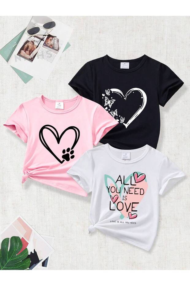 Printed Black - White - Pink 3-Piece Children's T-Shirt 100% Cotton Short Sleeve Knitted Crew Neck