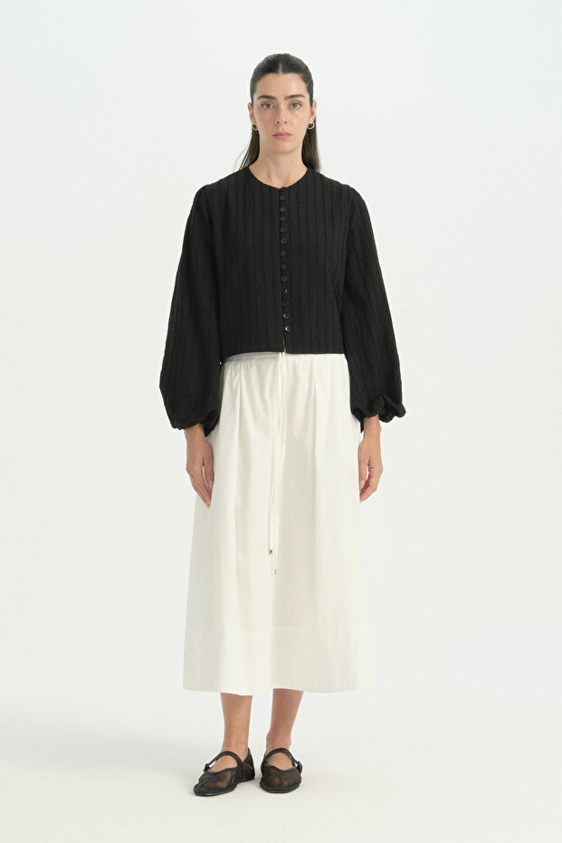 Elastic Waist Lace-Up Cotton Skirt - Ecru