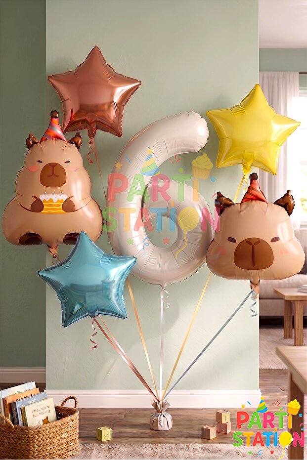 Kapibara Concept 6 Year Old Birthday Balloon Set 6 Piece Capybara Balloon