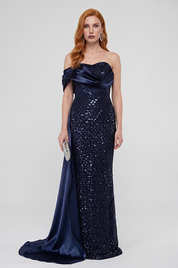 Women's Navy Blue Strapless Neckline Fishtail Evening Dress