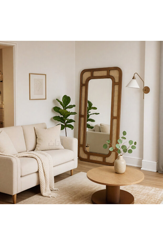 مرآة كبيرة بتصميم انيق 200x80سم واطار خشبي بتصميم مميز بني