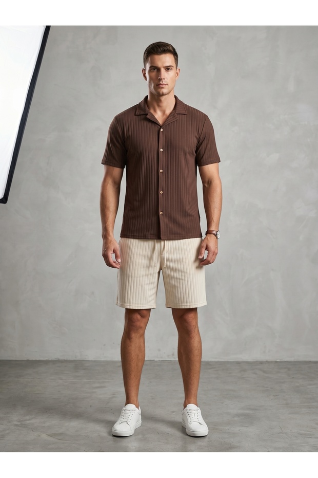 Men's Summer Short Sleeve Shirt Shorts Set Brown-Beige