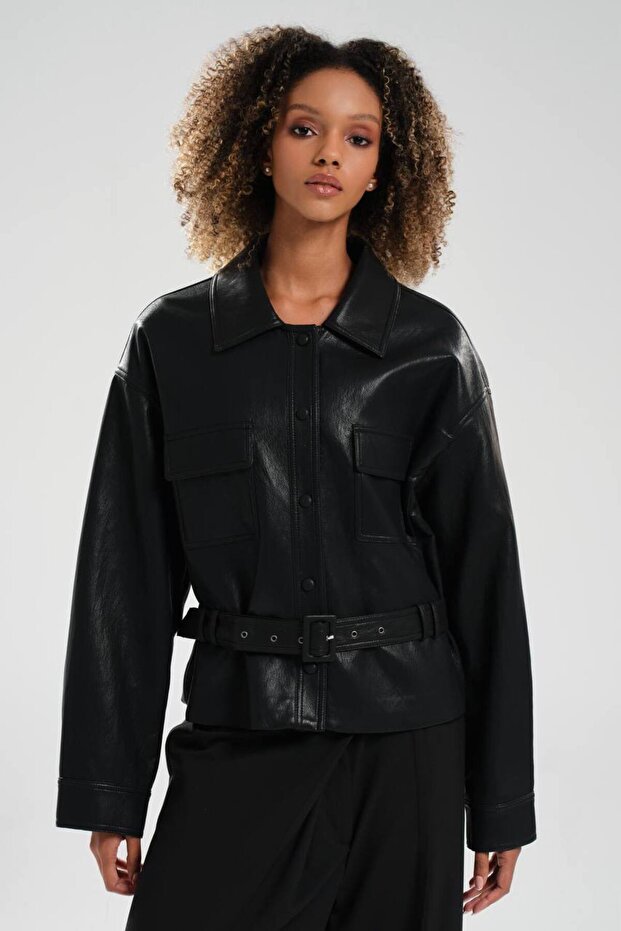 Women's Faux Leather Belt Detailed Design Jacket