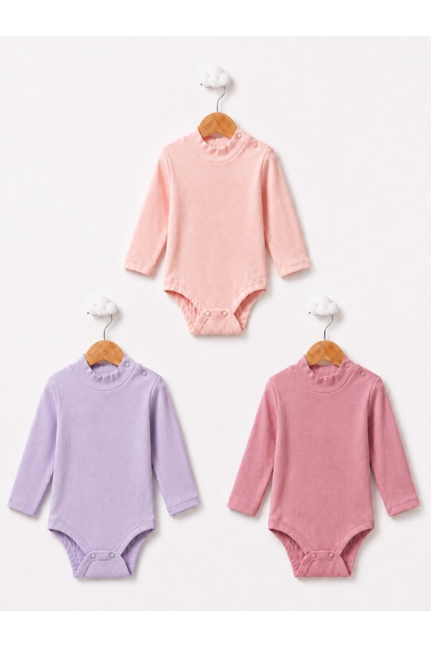 Baby Girl Ribbed Half Turtleneck Long Sleeve Bodysuit Set of 3