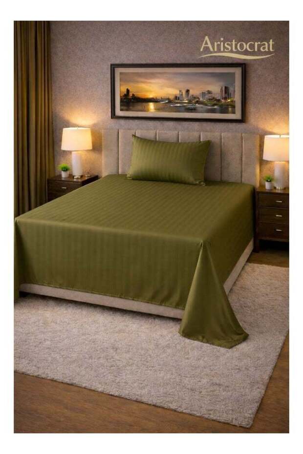 2‑Piece Striped Microfiber Flat Bed Sheet Set Single 160x220cm – Soft Breathable Flat Sheet with 1 Pillowcase 50x70cm, Olive