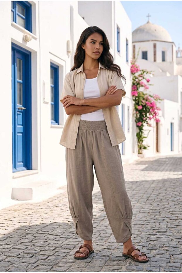 Women's Linen Shalwar Trousers 100% Cotton Linen - Light Brown V-Cut