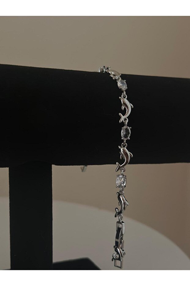 Silver Color Bracelet with Dolphin Figure and Stone Detail