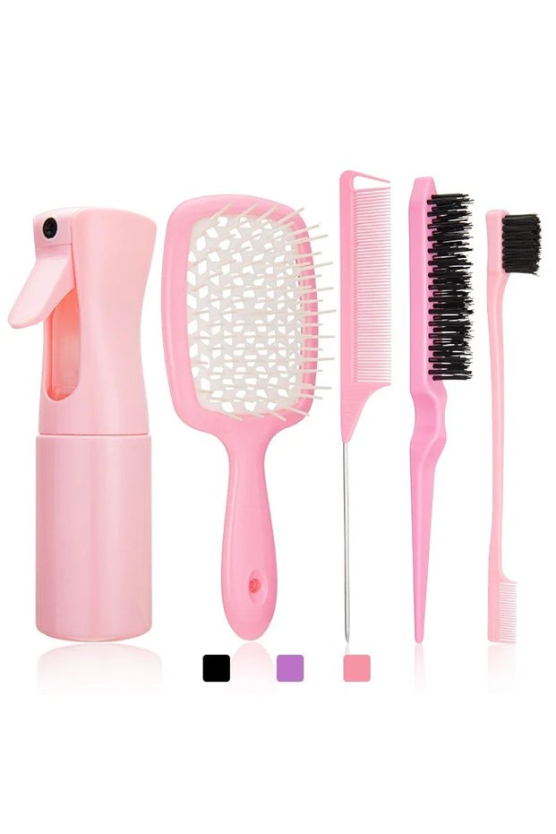 5 pcs set Pink2 5pcs/set Detangling Hair Brush Curly Hair Curved Rat Tail Comb Set Edge Hair Brush C