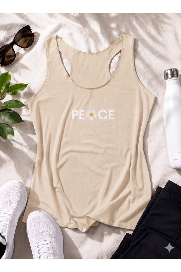Peace Printed Women's (Swimmer) Model Slim Fit Strappy Tshirt