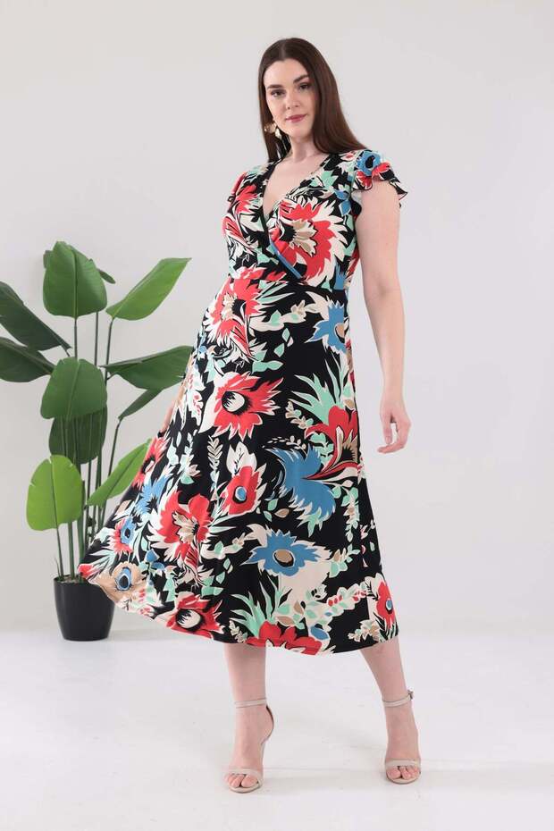 Women's Black Beige Floral Pattern Ruffle Sleeve Double Breasted Collar Plus Size Stretchy Maxi Dress