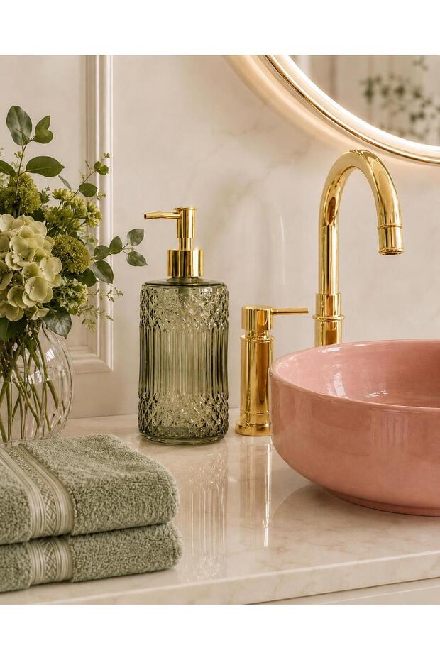 R'Eyla Bathroom Ciel Cam Liquid Soap Dispenser 350 ml Decorative Bathroom Dispenser with Gold Pump 20X8 cm