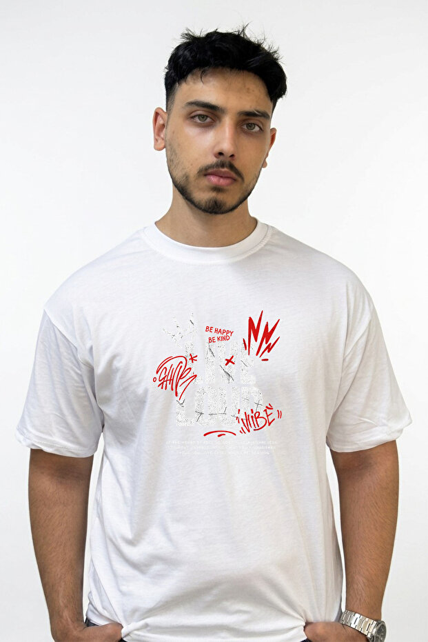 Graffiti Crown Design Printed Oversize White T-Shirt