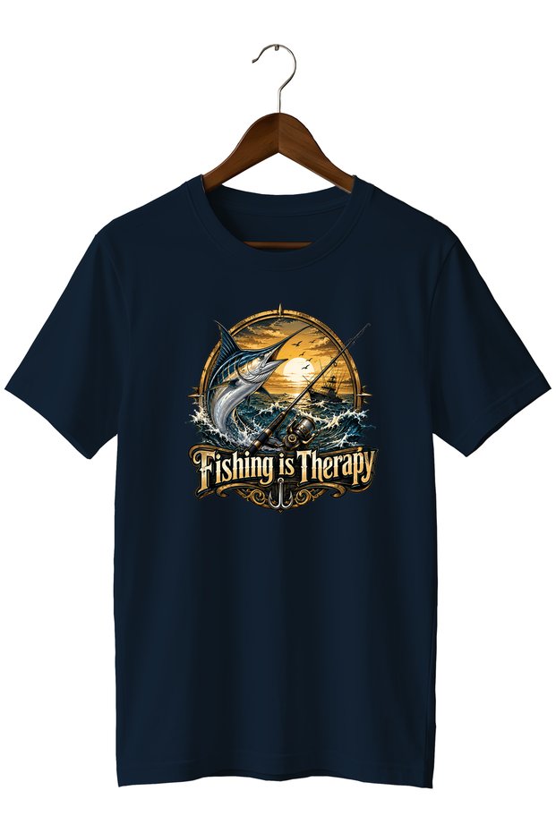 Fishing Is Therapy Printed Unisex T-Shirt Fishing Outdoor Sea Fish Themed Crew Neck