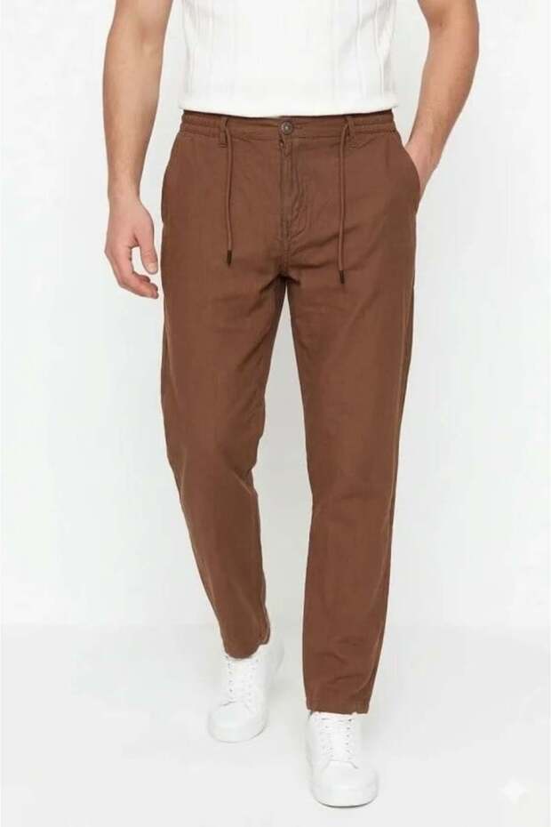 Men's Linen Pocket Trousers with Elastic Waist, Lace-Up Front, Zipper - Brown