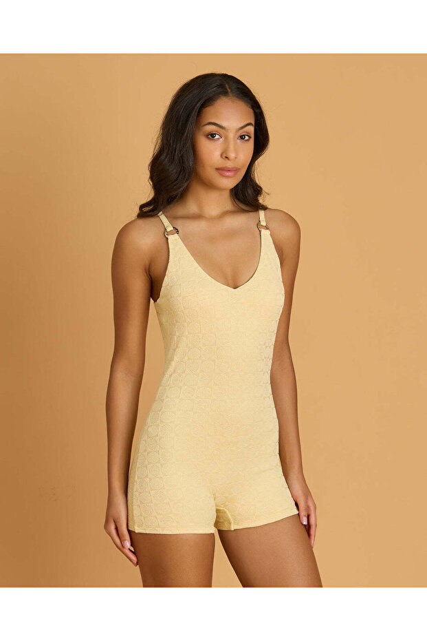 Women Yellow Sleeveless Unitard Swimsuit