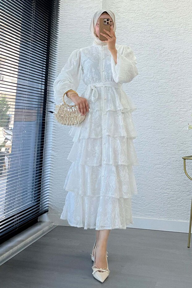 Premium Design Layered Guipure Imported Tulle Dress – White