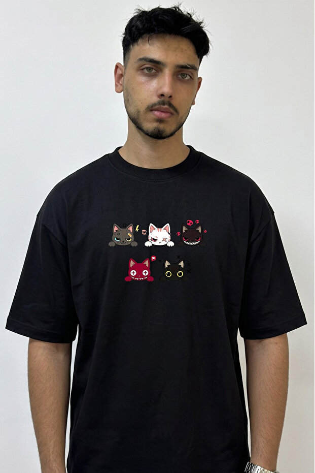 Emo Cats Design Printed Oversize Black T-Shirt
