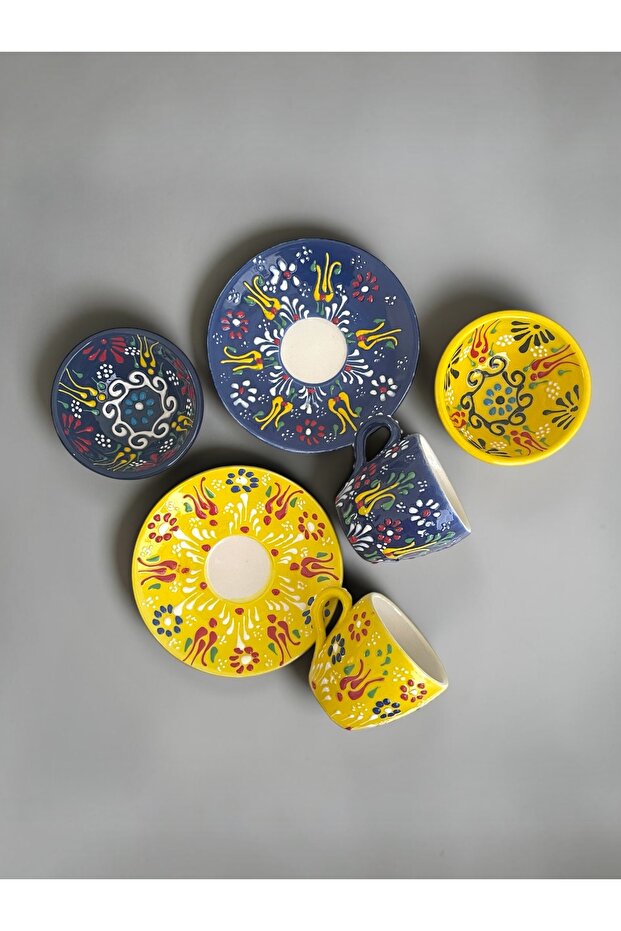 Decorative 2-Person Tulip Design Fully Handmade Coffee Cup Set and Snack Bowl-Sauce Bowl